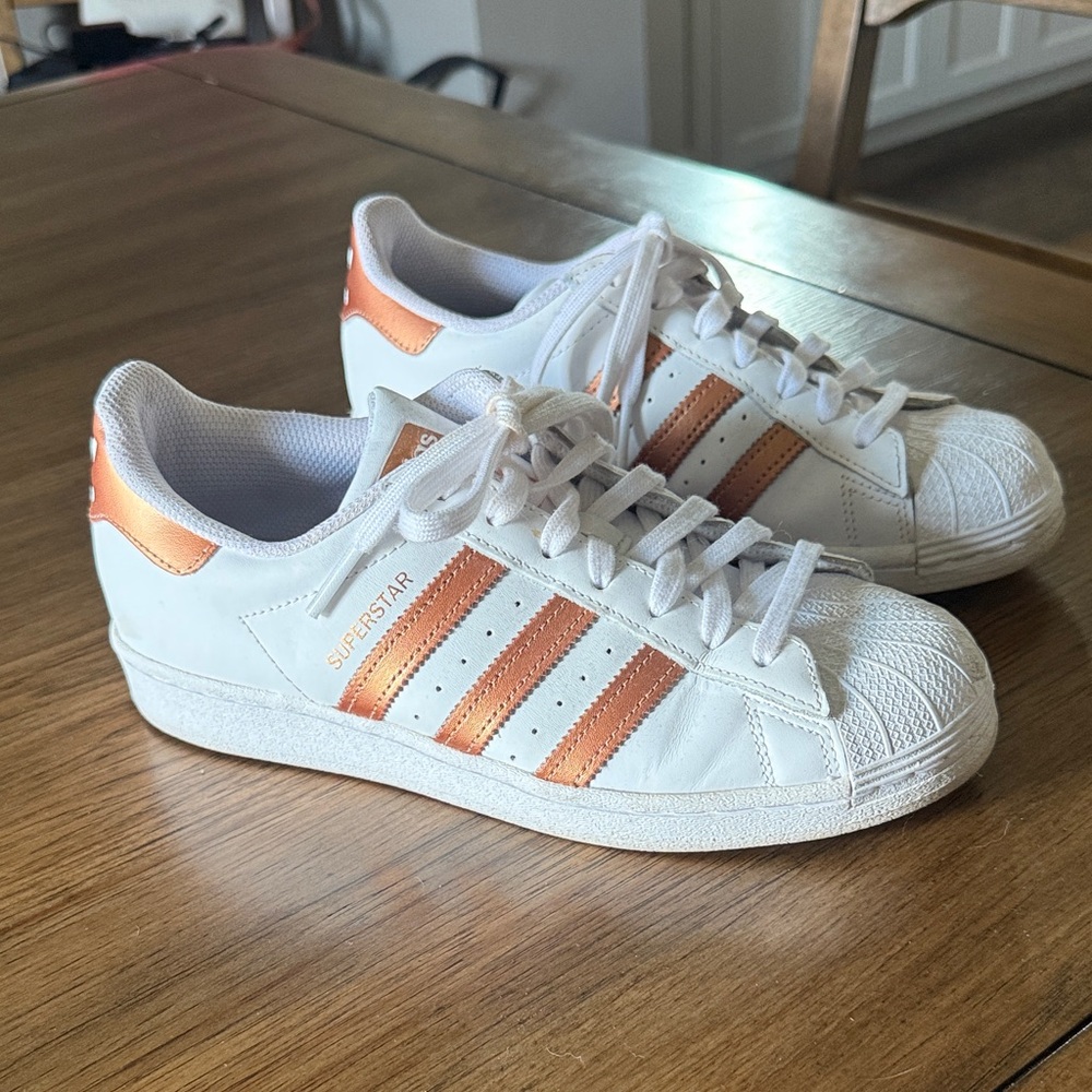 Adidas White Superstar Sneakers with Rose Gold Accents